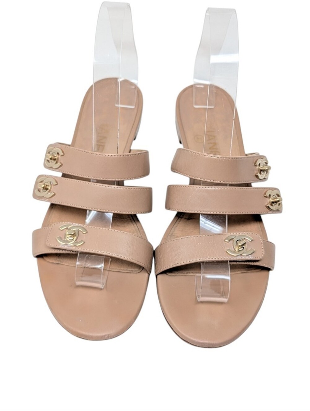 Chanel Beige Nude Interlocking CC Silver Turnlock Slide Mule Sandals Size EU 39